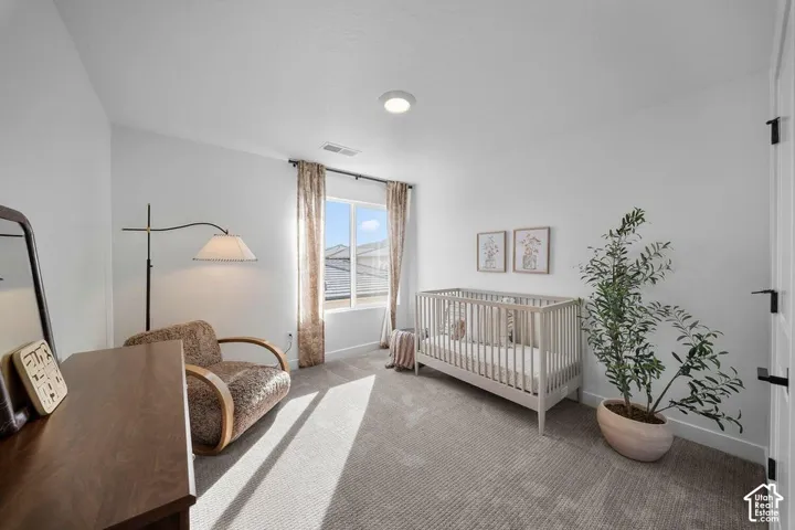 Carpeted room featuring a window with patterned drapes, a ceiling-mounted light fixture, and a white paneled door with matte black hardware