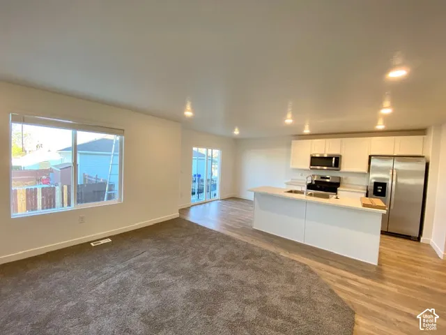 Open-concept layout featuring a kitchen island, stainless steel appliances, wood-finish flooring, and recessed lighting