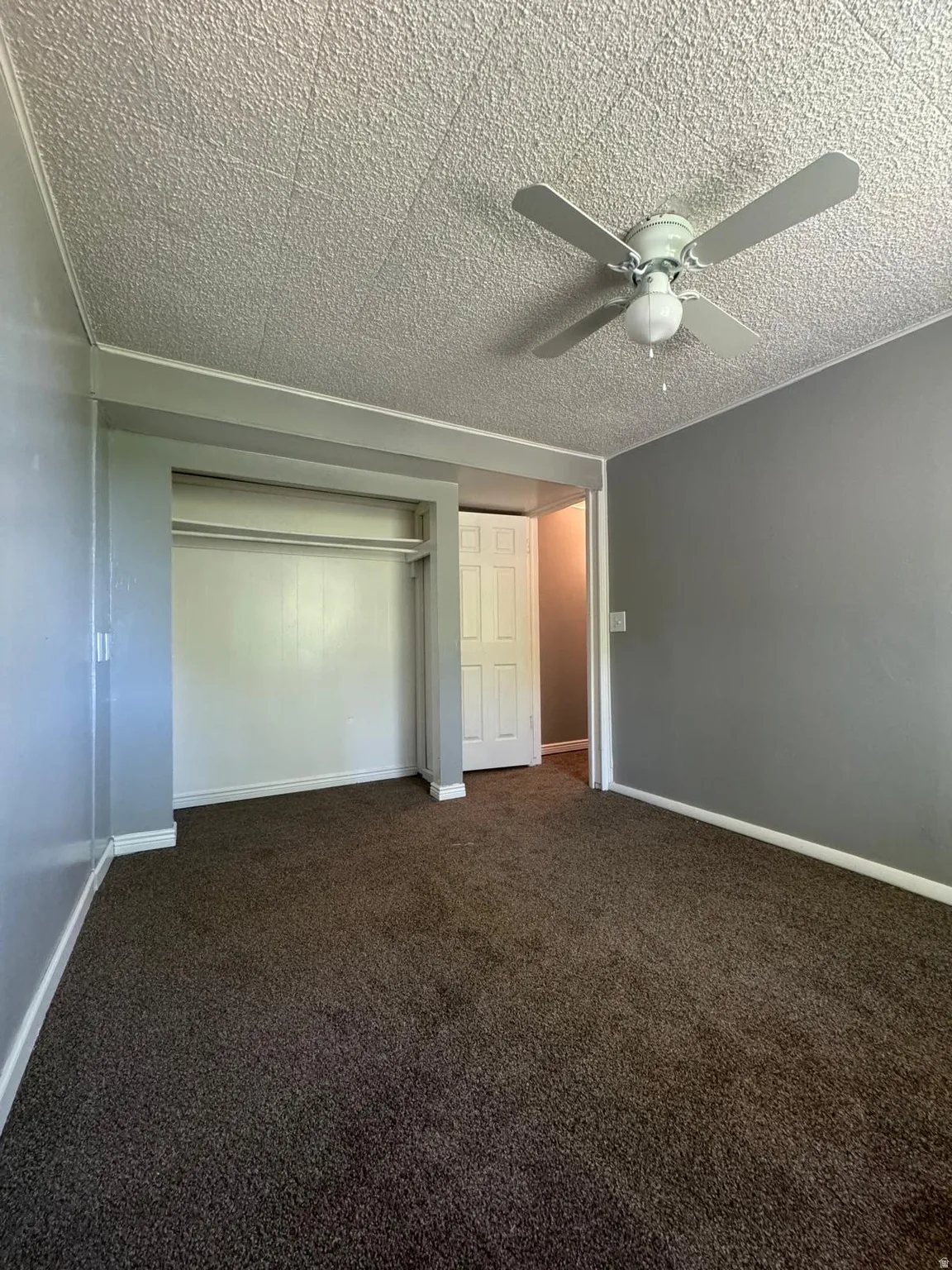 Room with neutral gray walls, textured ceiling, brown carpeting, and a ceiling fan with light fixture