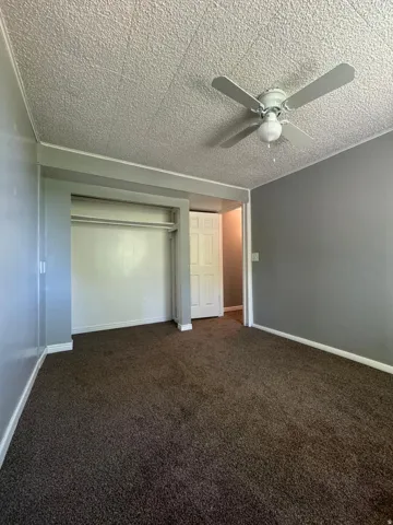 Room with neutral gray walls, textured ceiling, brown carpeting, and a ceiling fan with light fixture