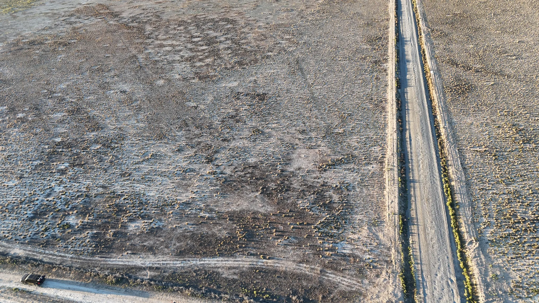 Expansive land parcel with a long, straight unpaved road