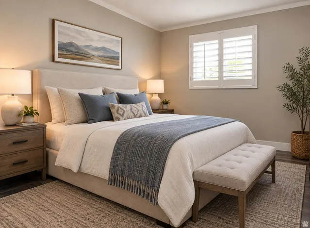 Virtually staged primary bedroom.