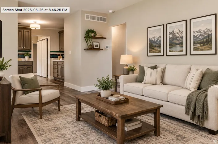 Virtually staged living room showing the potential comfortable setting.