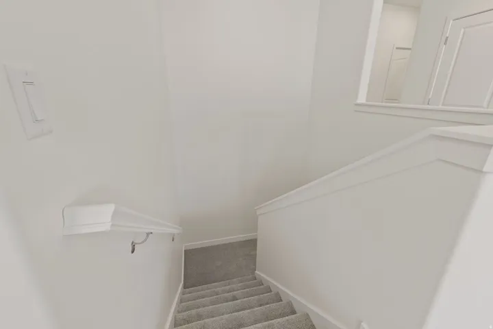 Carpeted staircase with white walls and a white handrail