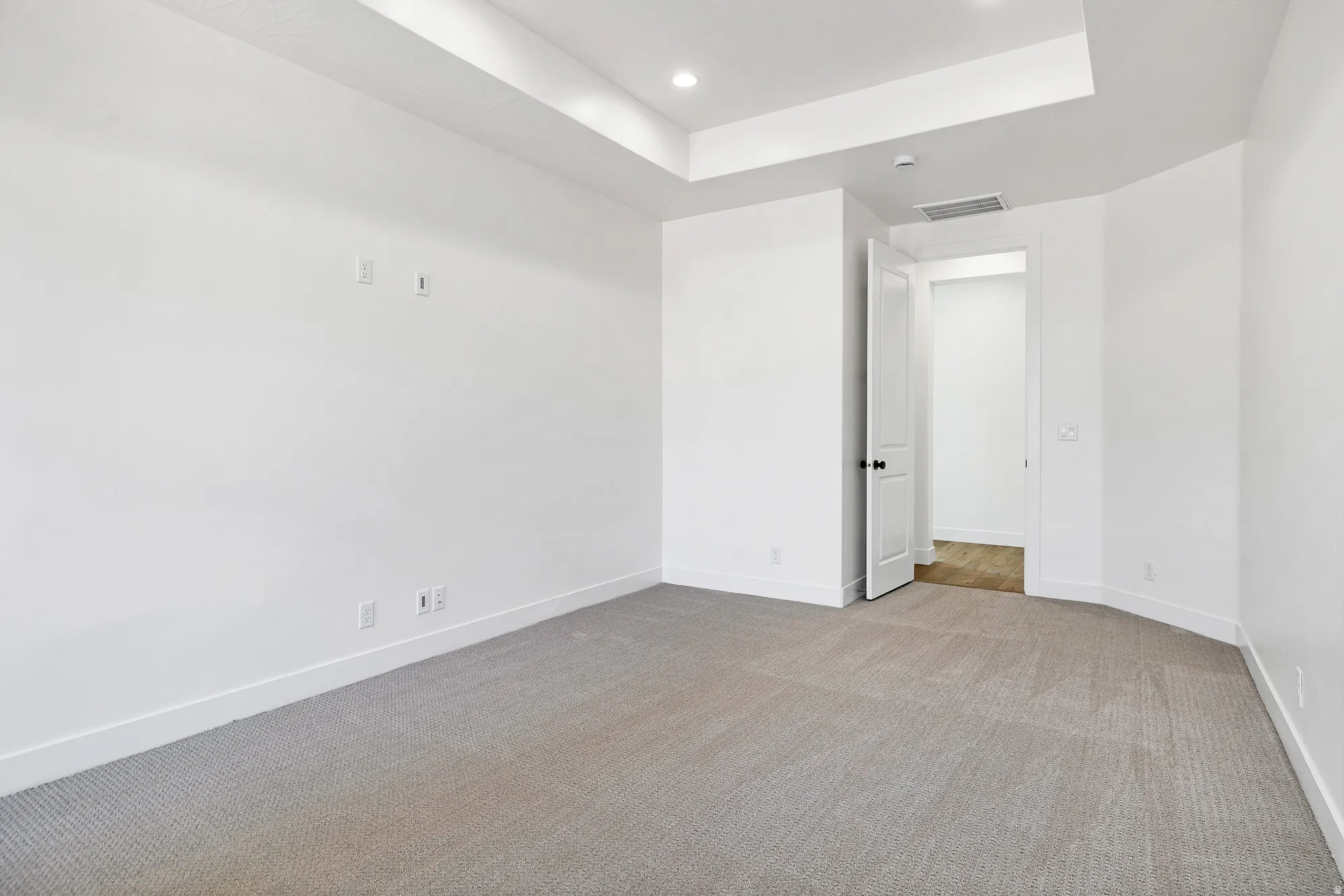 Tray ceiling with recessed lighting, carpet flooring, and white interior doors with black hardware