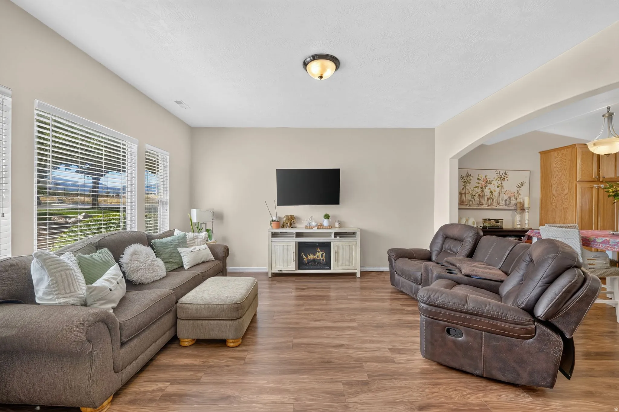 Vaulted ceiling, recessed lighting, wood-finish flooring, multiple window exposures, arched doorway
