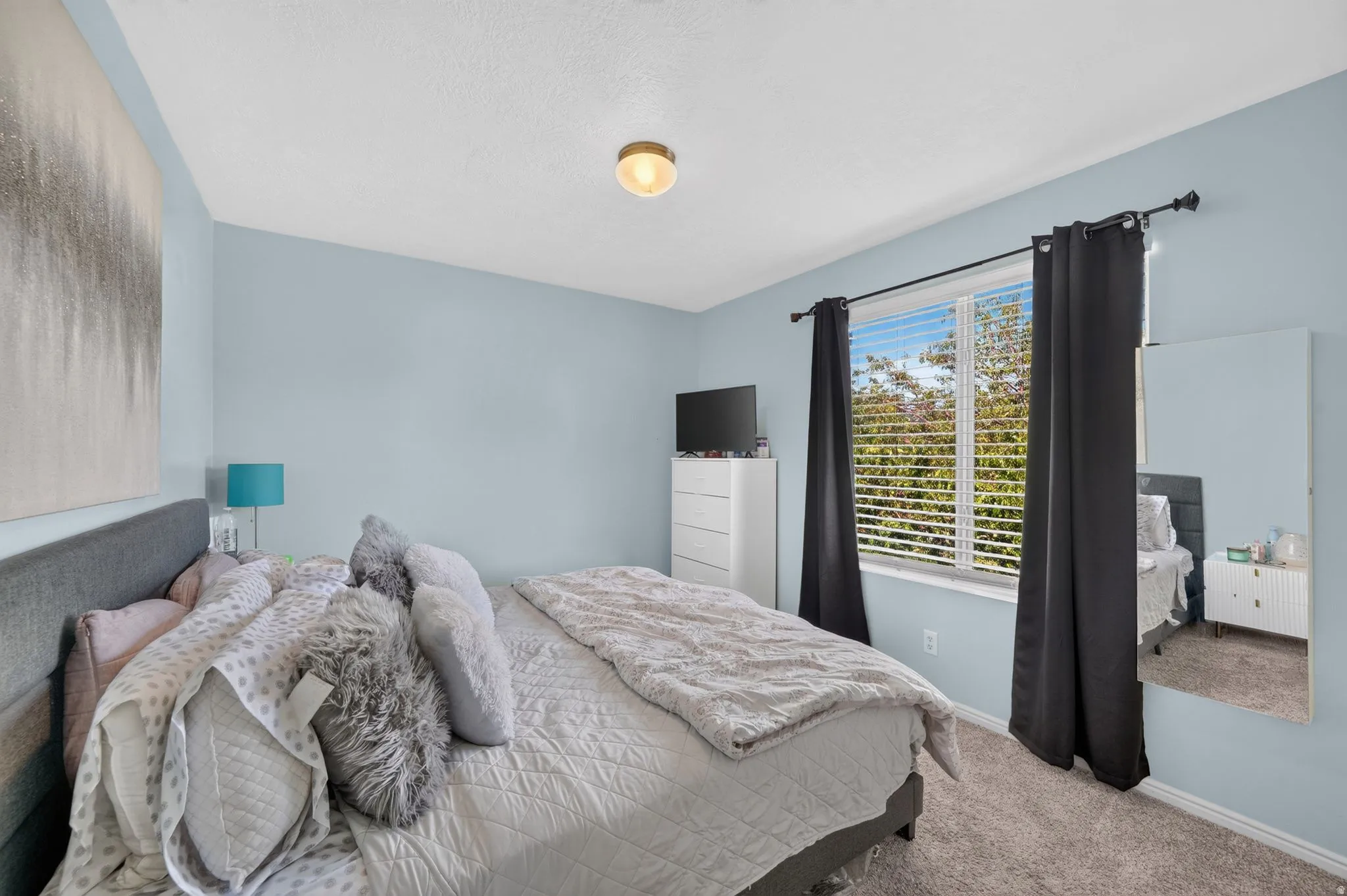 Wall-to-wall carpeting and a ceiling-mounted light fixture