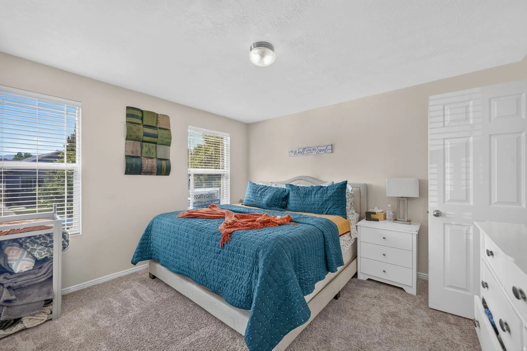 Carpeted flooring, two windows with blinds, flush mount ceiling light, and a paneled interior door