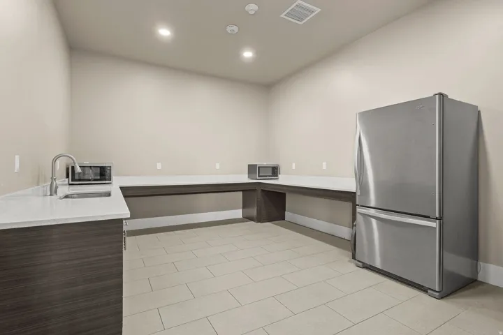 Kitchenette area featuring extensive countertop space, a stainless steel sink with a gooseneck faucet, integrated cabinetry, and recessed lighting