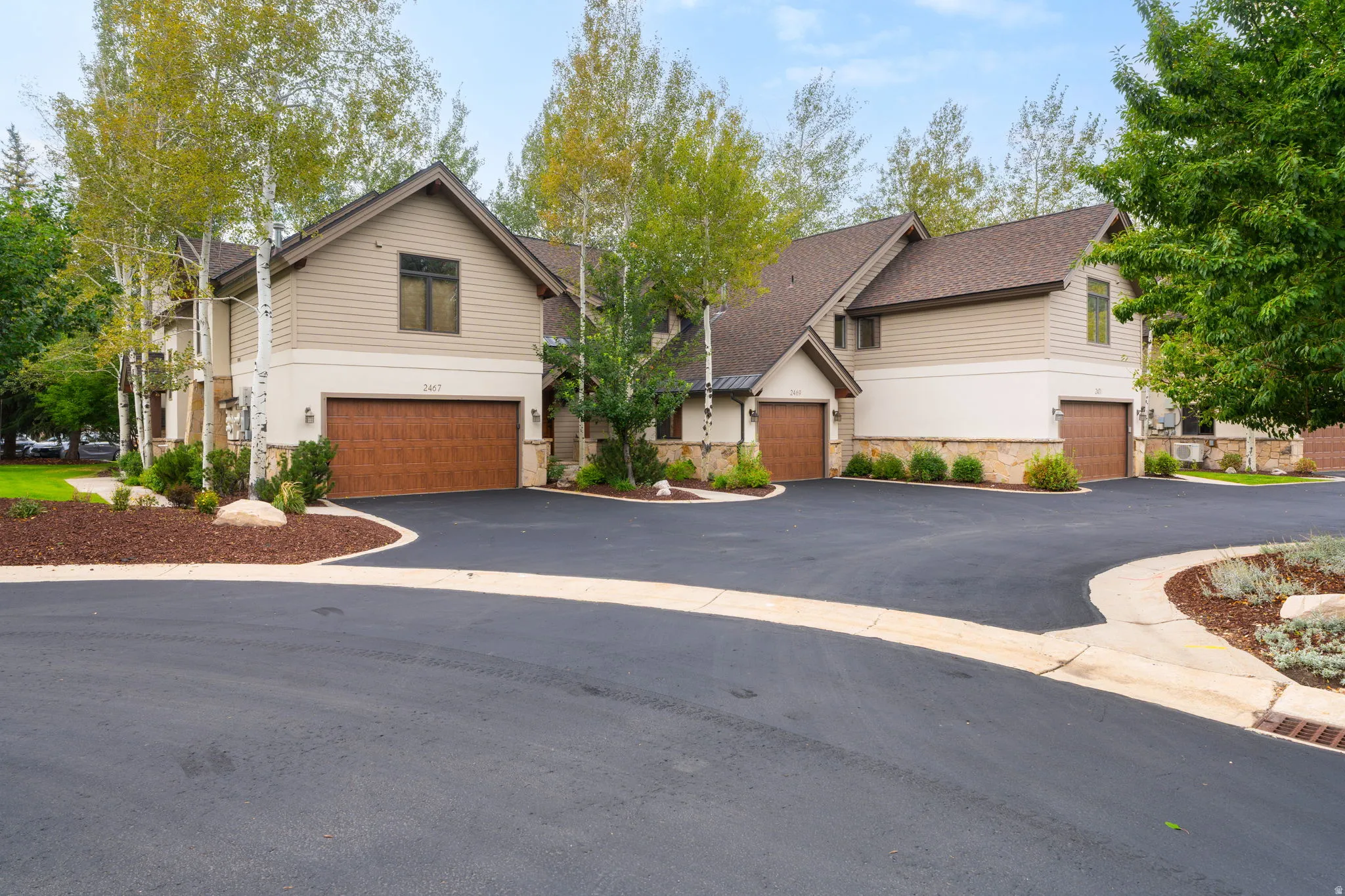 Paved driveway with stone accents, wood-finish garage doors, mature landscaping, and light-toned siding