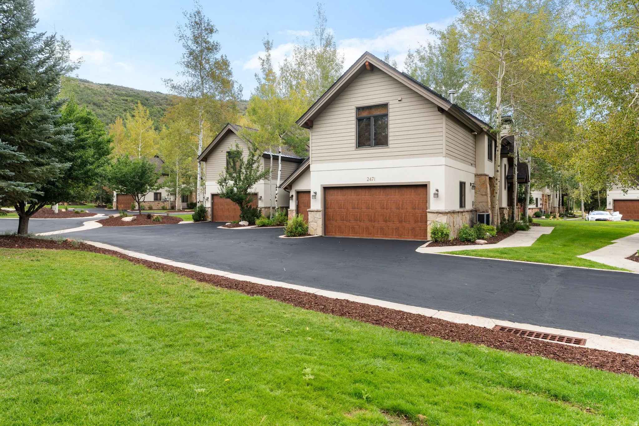 Siding exterior with stone accents, attached garage with wood-finish door, paved driveway, and manicured landscaping