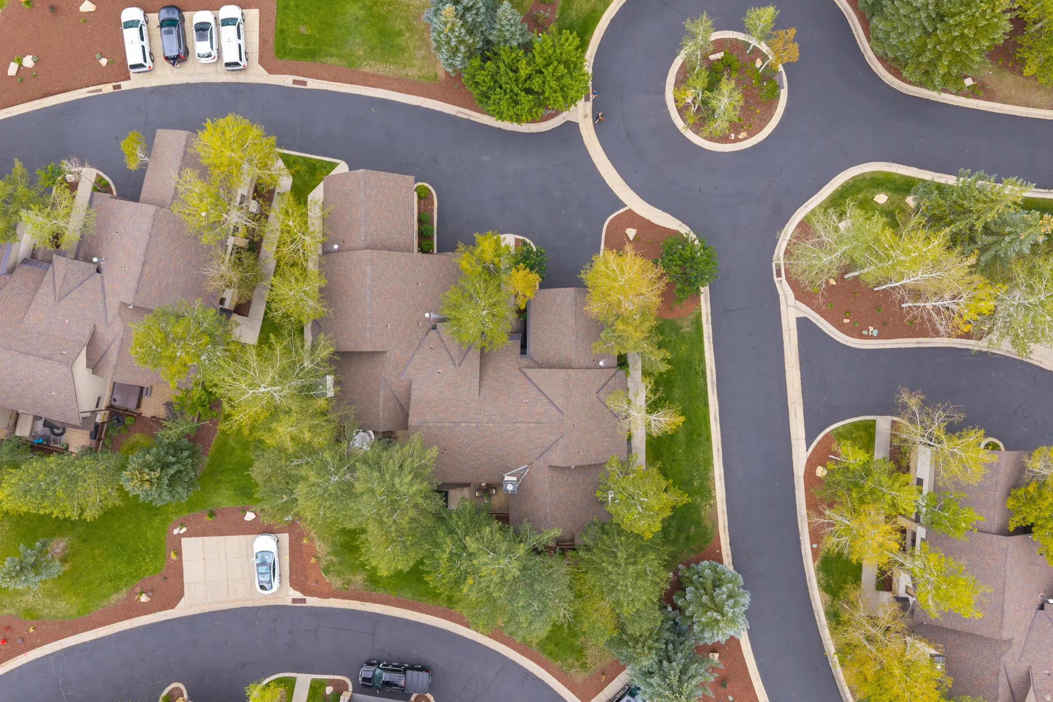 Asphalt paved roads, circular traffic islands with landscaping, and extensive mature trees throughout the property