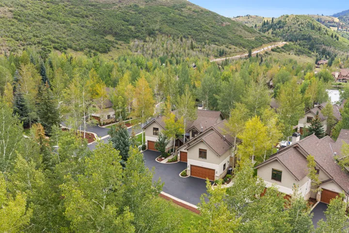 Pitched roofs, attached garages, and paved driveways surrounded by mature trees and mountain terrain