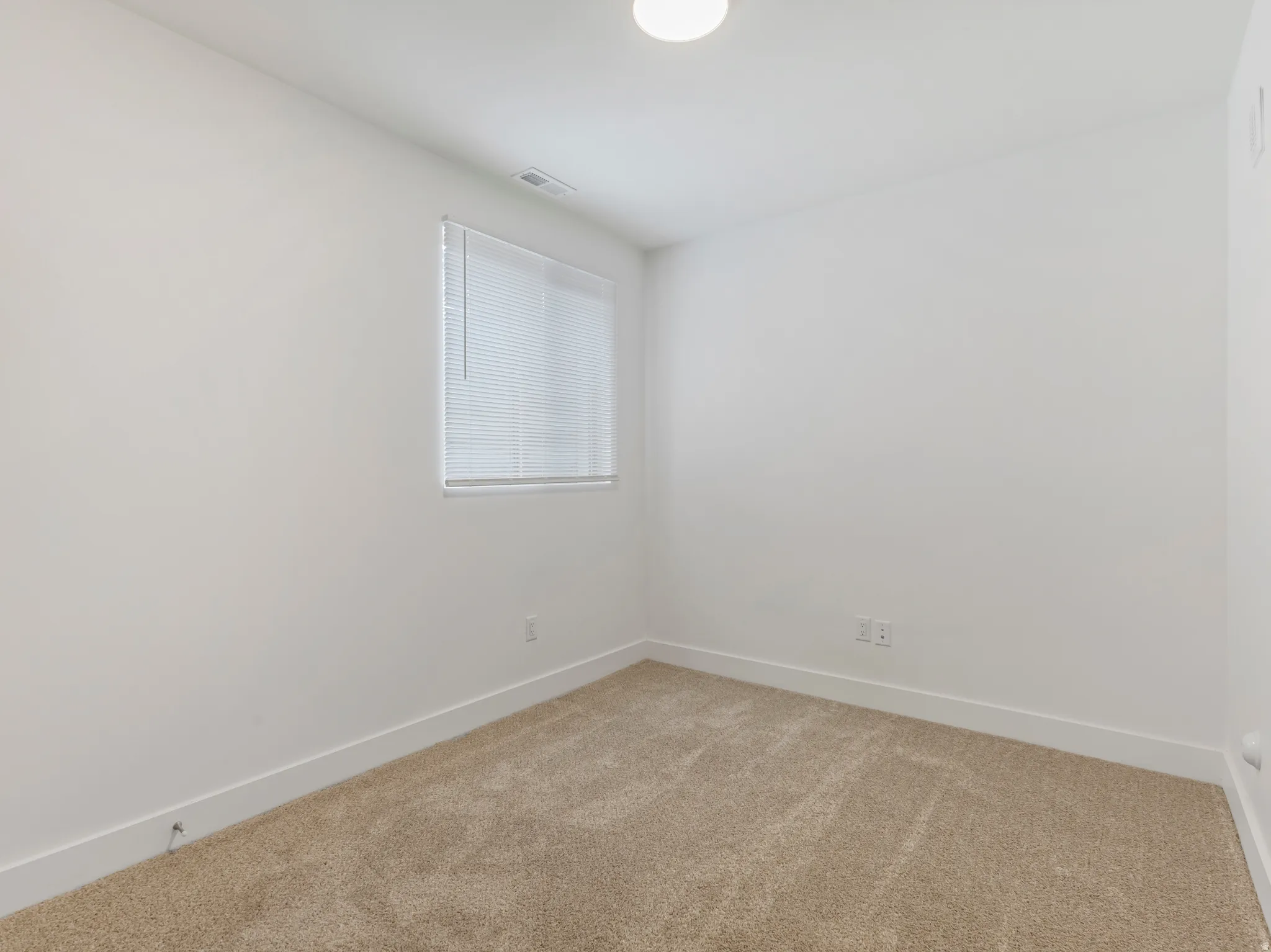 Carpeted flooring, white walls, and a window with horizontal blinds