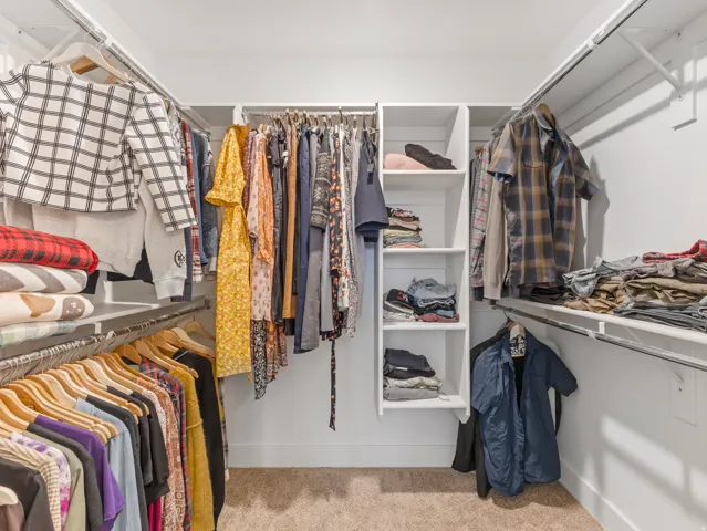 Walk-in closet featuring built-in shelving, multiple hanging rods, and neutral carpet flooring