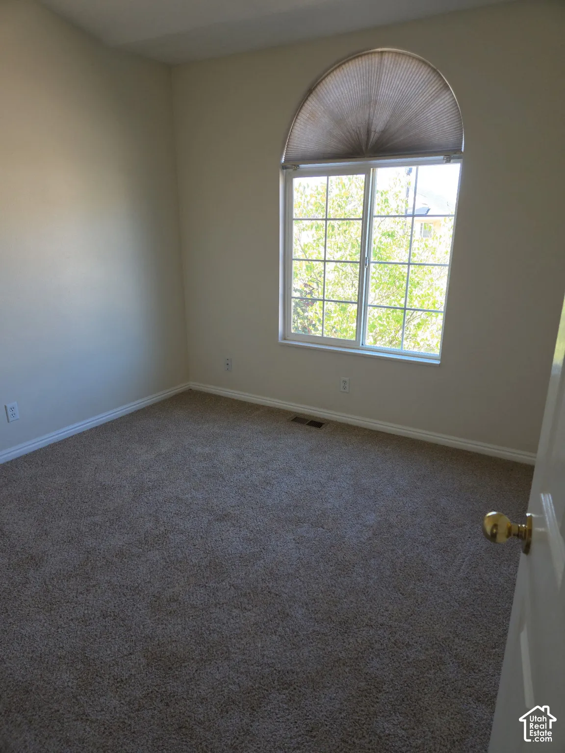 Arched window with cellular shade, neutral tone wall paint, neutral tone carpeting, and white trim
