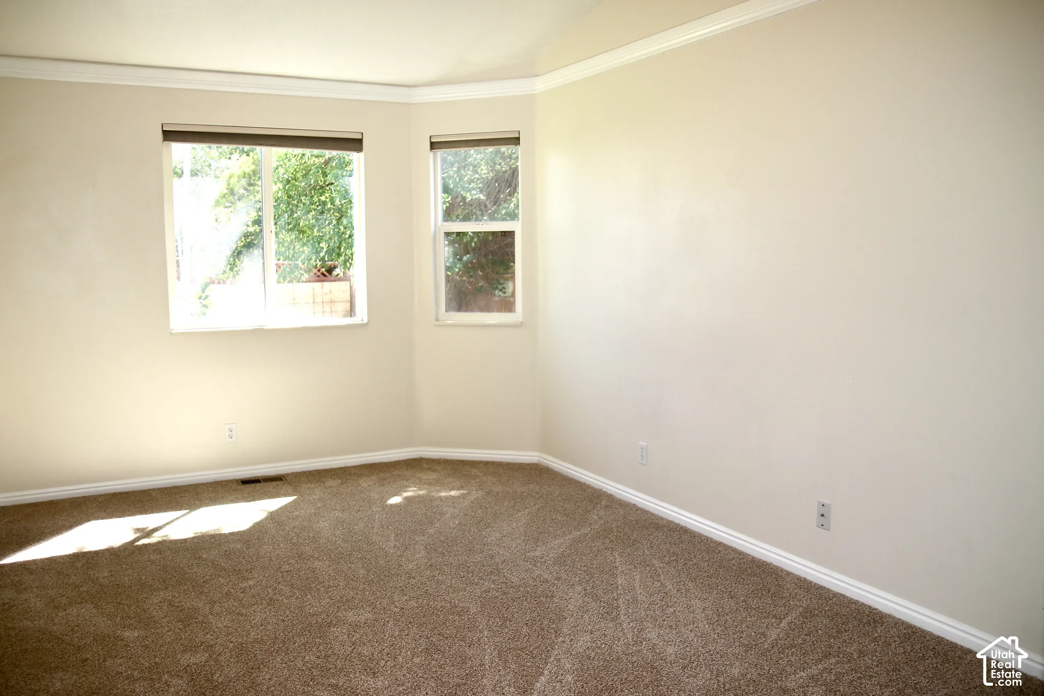 Primary bedroom Neutral-toned carpet flooring, neutral painted walls, white trim, and two windows