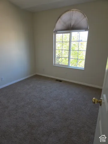 Arched window with cellular shade, neutral tone wall paint, neutral tone carpeting, and white trim