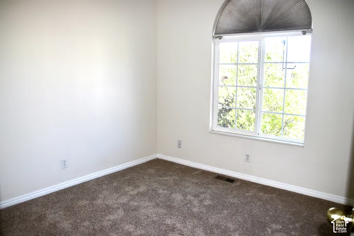 Light-colored walls, brown carpet flooring, and a large window with grid panes