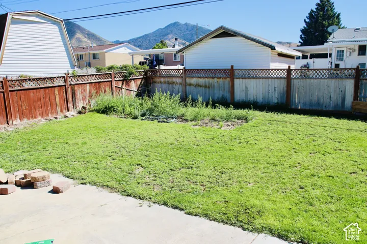 Expansive grassy area with a large concrete patio and wood fencing