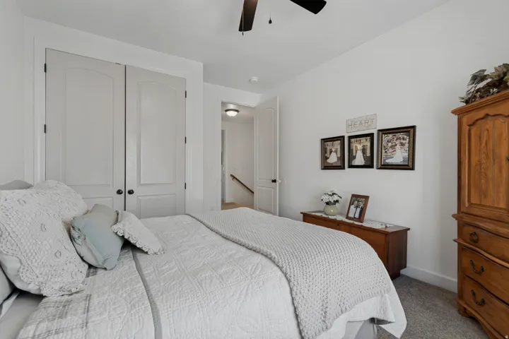 Integrated ceiling fan, white interior doors with black hardware, and carpeted flooring