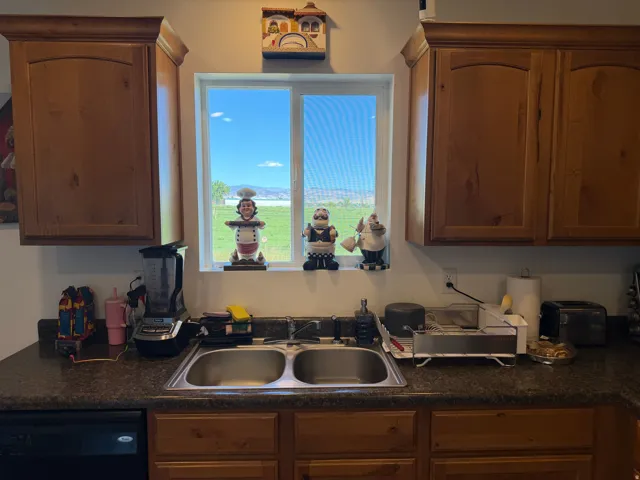 Kitchen featuring wood-finish cabinetry, a double basin stainless steel sink, and a dark speckled countertop