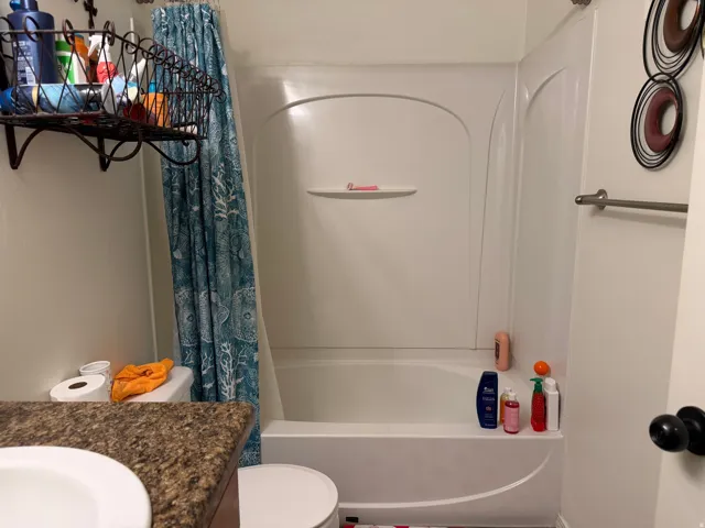 White tub/shower combination, integrated shower shelving, and a toilet