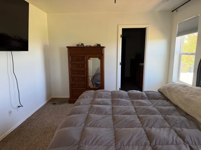 Neutral wall color, wall-to-wall carpeting, white window trim, cellular shades, and an interior doorway with dark trim