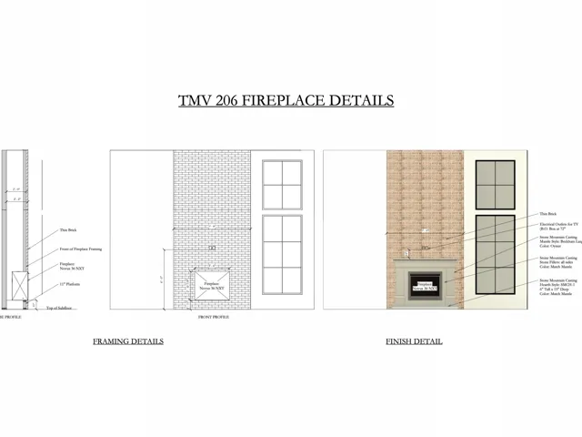 Architectural Drawing, Fireplace Details. Displaying framing and finish specifications for the property's fireplace