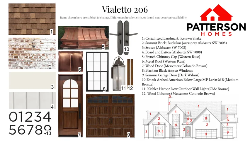 Architectural Specification Sheet. Detailing exterior material selections and finishes for the property