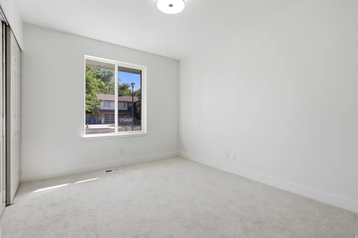 Plush carpeting, bright overhead lighting, and a large window with a white frame