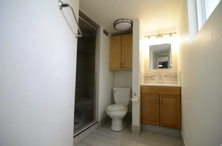 Glass-enclosed shower, light wood-finish vanity with an integrated sink, polished chrome faucet, mirrored medicine cabinet, and wood-finish wall cabinetry