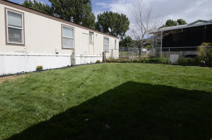 Expansive lawn area with a chain-link fence, surrounded by mature trees
