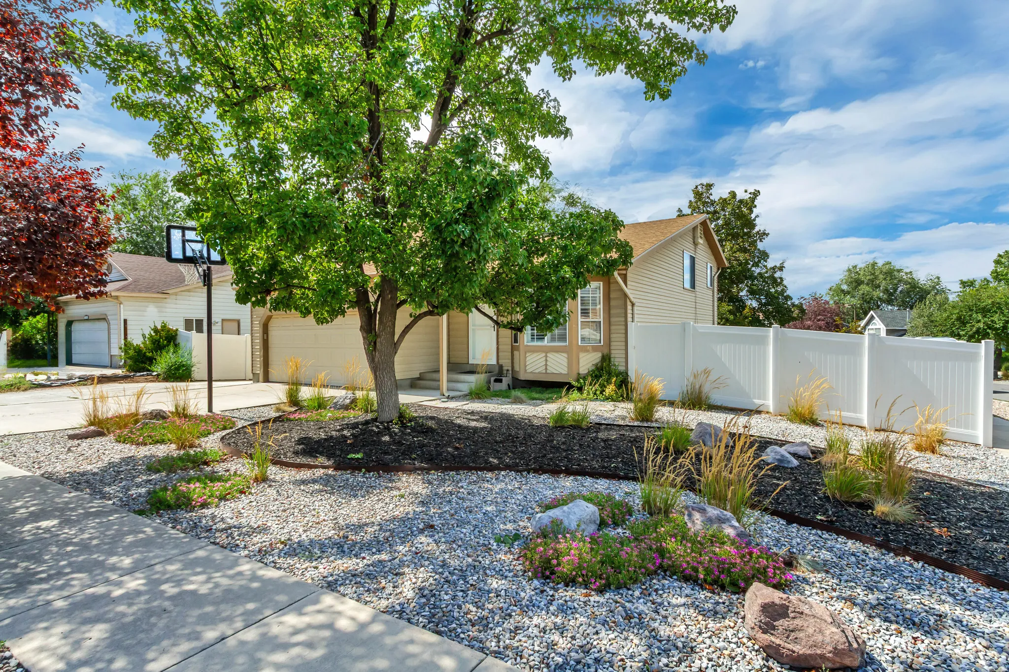 Low-maintenance xeriscape landscaping with decorative rocks and plantings