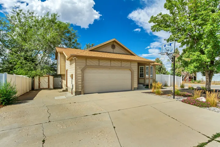 Two-story property with attached garage, concrete driveway, and established landscaping