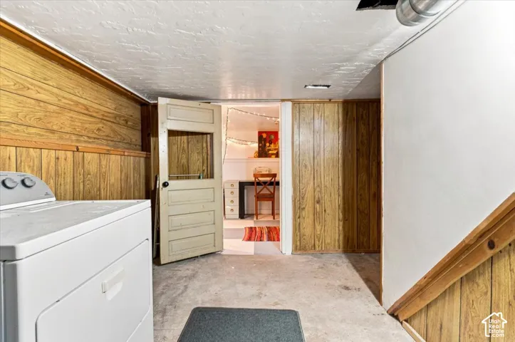 Concrete flooring and wood-finish paneling