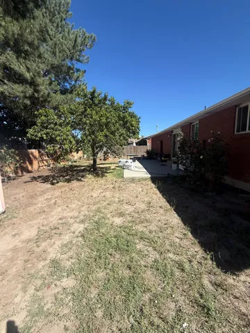 Expansive backyard featuring a mature tree, brick exterior, concrete patio, and fenced perimeter