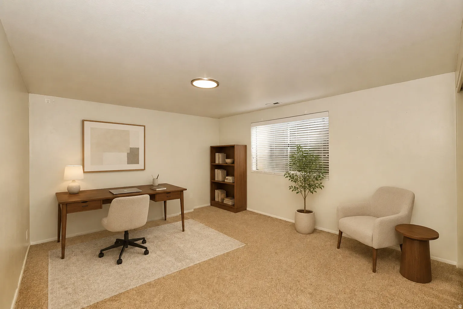 Side A bedroom 2 Neutral wall tones, carpeted flooring, window with blinds, and recessed ceiling lighting