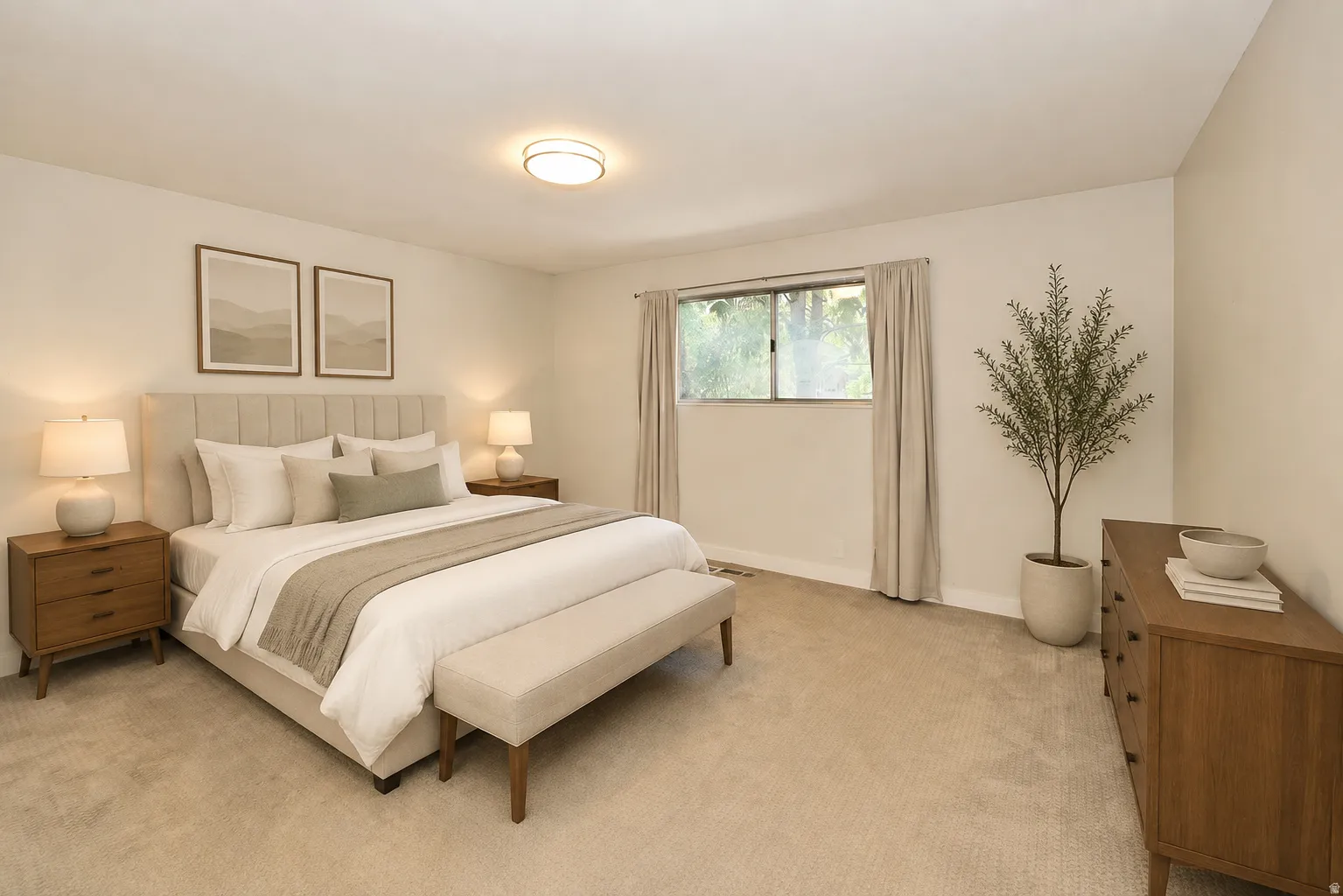 Side A primary Bedroom featuring neutral carpeting, a large window, and a flush mount ceiling light