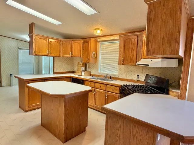 Kitchen featuring wood cabinetry, white countertops, dual sink, gas range, and two ceiling-mounted light fixtures
