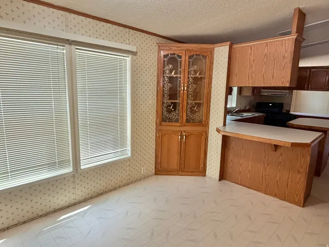 Dual windows with horizontal blinds, built-in corner cabinet with glass-front display, and wood-finish kitchen cabinetry with integrated breakfast bar