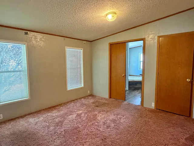 Wall-to-wall carpeting with multiple windows and wood-finish trim