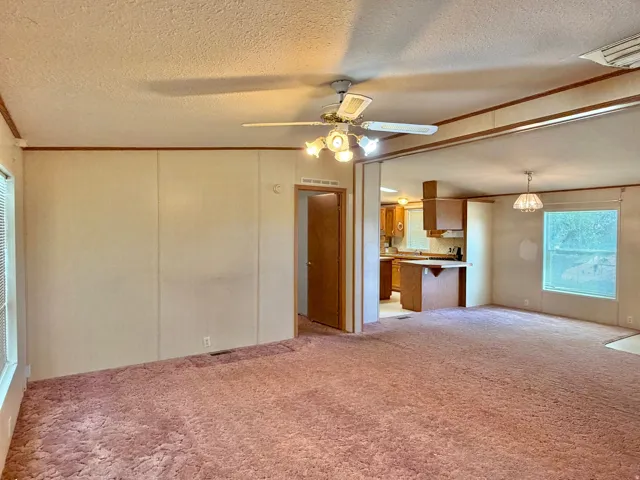 Expansive living area featuring textured carpeting and a ceiling fan