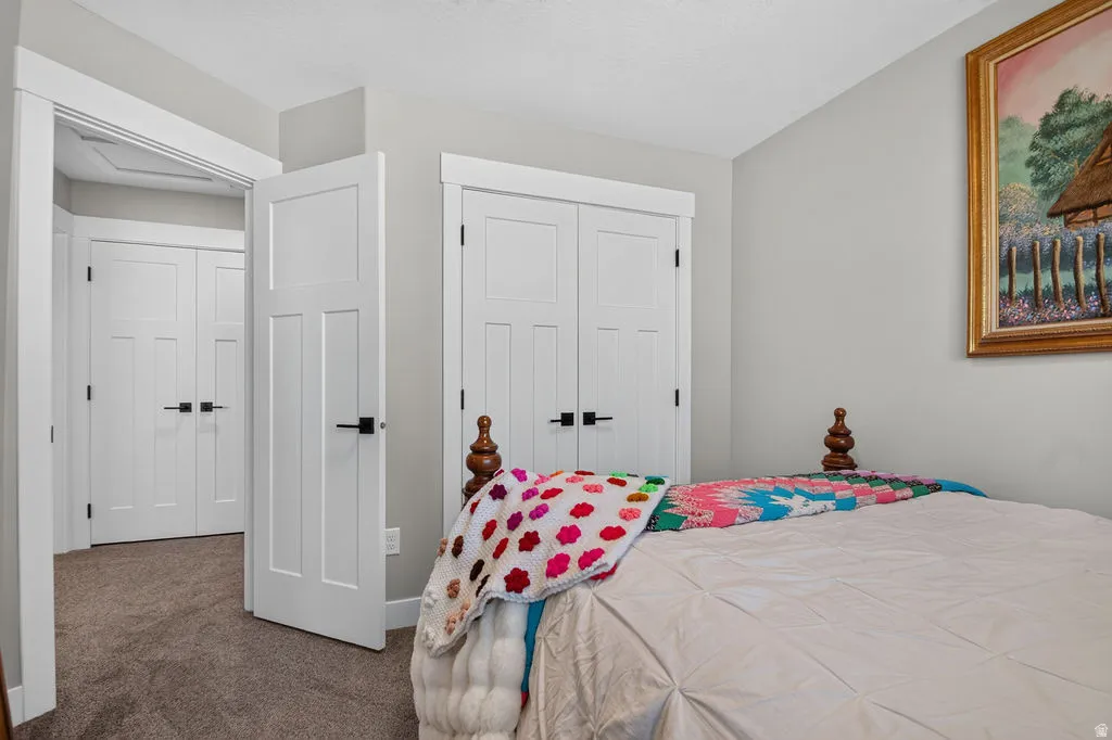 Neutral wall color, white trim, paneled interior doors with matte black hardware, and carpeted flooring