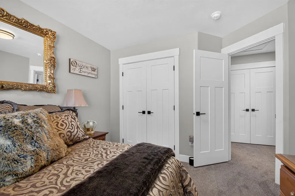 Neutral wall paint, white trim, and gray carpeting