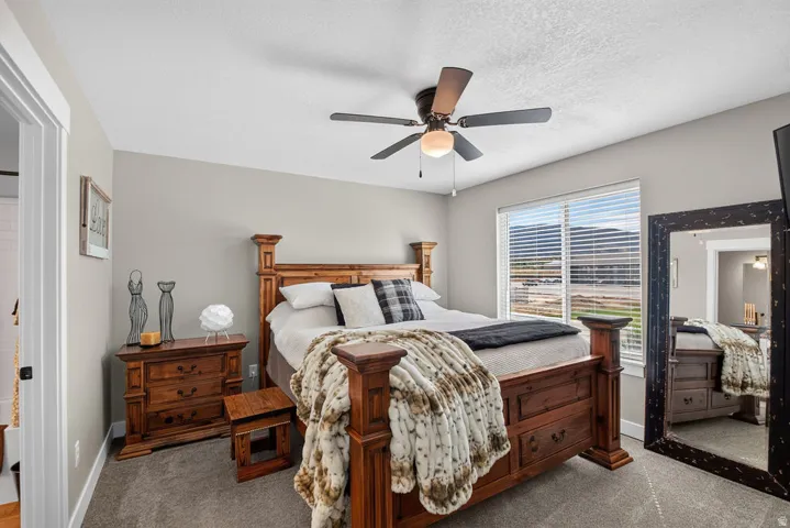 Carpeted bedroom featuring a window with blinds, ceiling fan with light fixture, and light-colored wall paint
