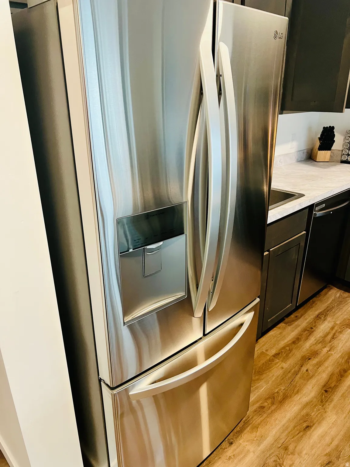Stainless steel French door refrigerator with an external water and ice dispenser