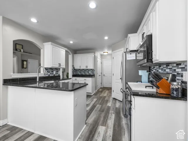 Kitchen featuring white cabinetry, dark countertops, a mosaic tile backsplash, stainless steel appliances, and wood-finish flooring