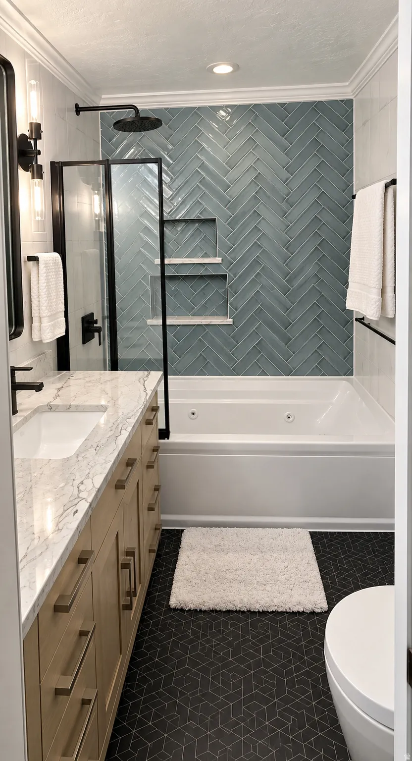 Herringbone-patterned accent wall, soaking tub, glass-enclosed shower, dual vanity with stone countertop, and geometric-patterned floor tiles