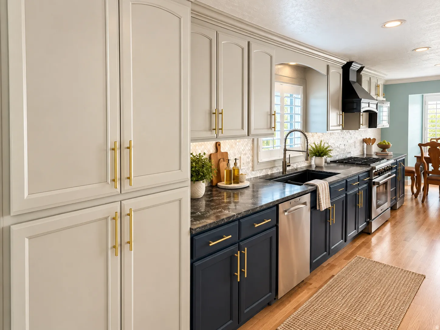 Contemporary kitchen featuring two-tone cabinetry with gold-tone hardware, dark countertops, a tiled backsplash, and stainless steel appliances